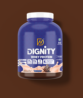 Front view of Dignity Whey Protein Swiss Chocolate 2.1kg jar with 24g protein, 5.5g BCAAs, and digestive enzymes for post-workout recovery.