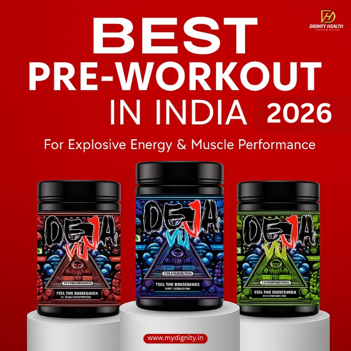 Best pre-workout supplements in India for 2026 displayed on a table with various product containers and labels.