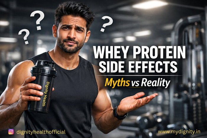 Fit Indian man holding whey protein shaker looking confused with question marks, explaining whey protein side effects myths vs reality