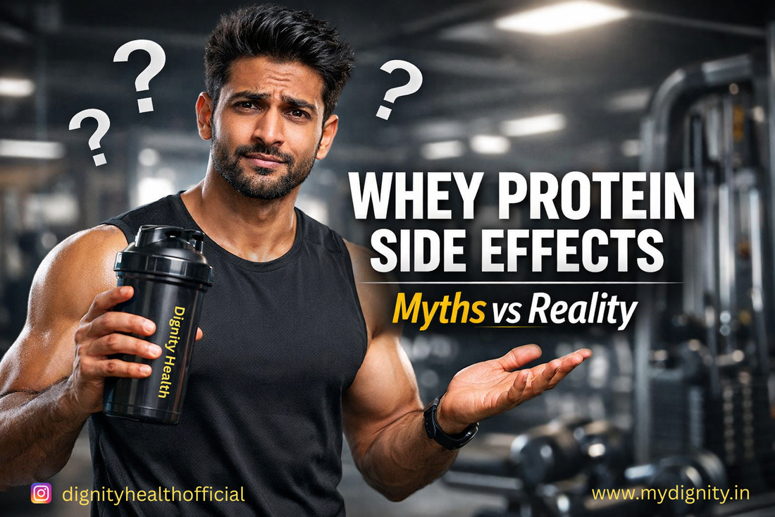 Fit Indian man holding whey protein shaker looking confused with question marks, explaining whey protein side effects myths vs reality