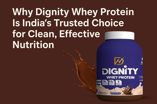 A container of Dignity Whey Protein on a brown backdrop with splashing chocolate. Text reads, "India’s trusted choice for clean, effective nutrition."