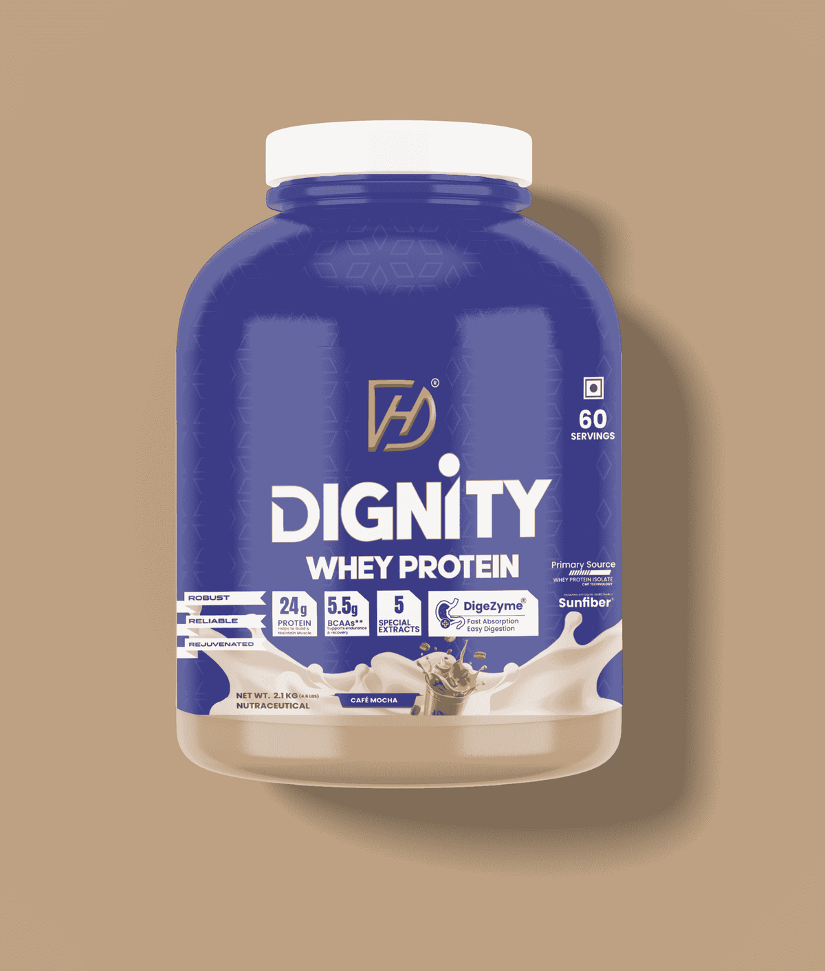 Dignity Whey Protein Café Mocha 2.1 kg jar with 24g protein per serving, featuring digestive enzymes and Sunfiber® for post-workout recovery.