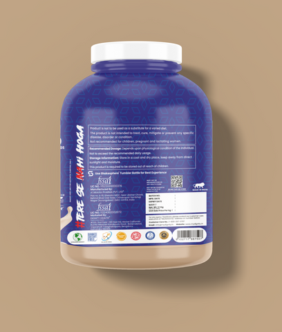 Rear view of Dignity Whey Protein Café Mocha 2.1 kg jar displaying product certifications, storage instructions, and manufacturer details.