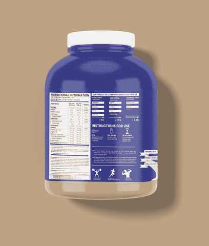 Back label of Dignity Whey Protein Café Mocha 2.1 kg jar showing nutritional facts, amino acid profile, and usage instructions for fitness nutrition.