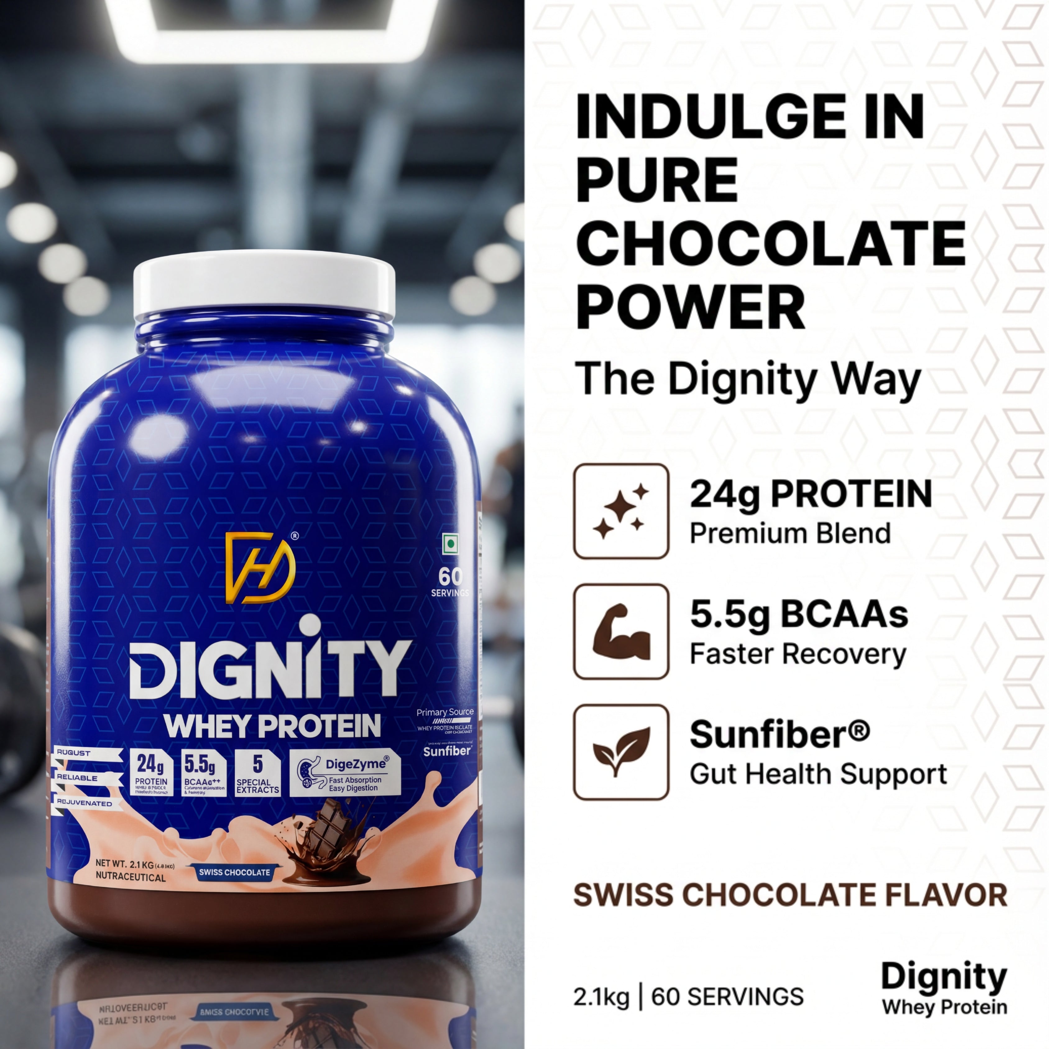 Dignity Whey Protein container with product details on a blurred gym background