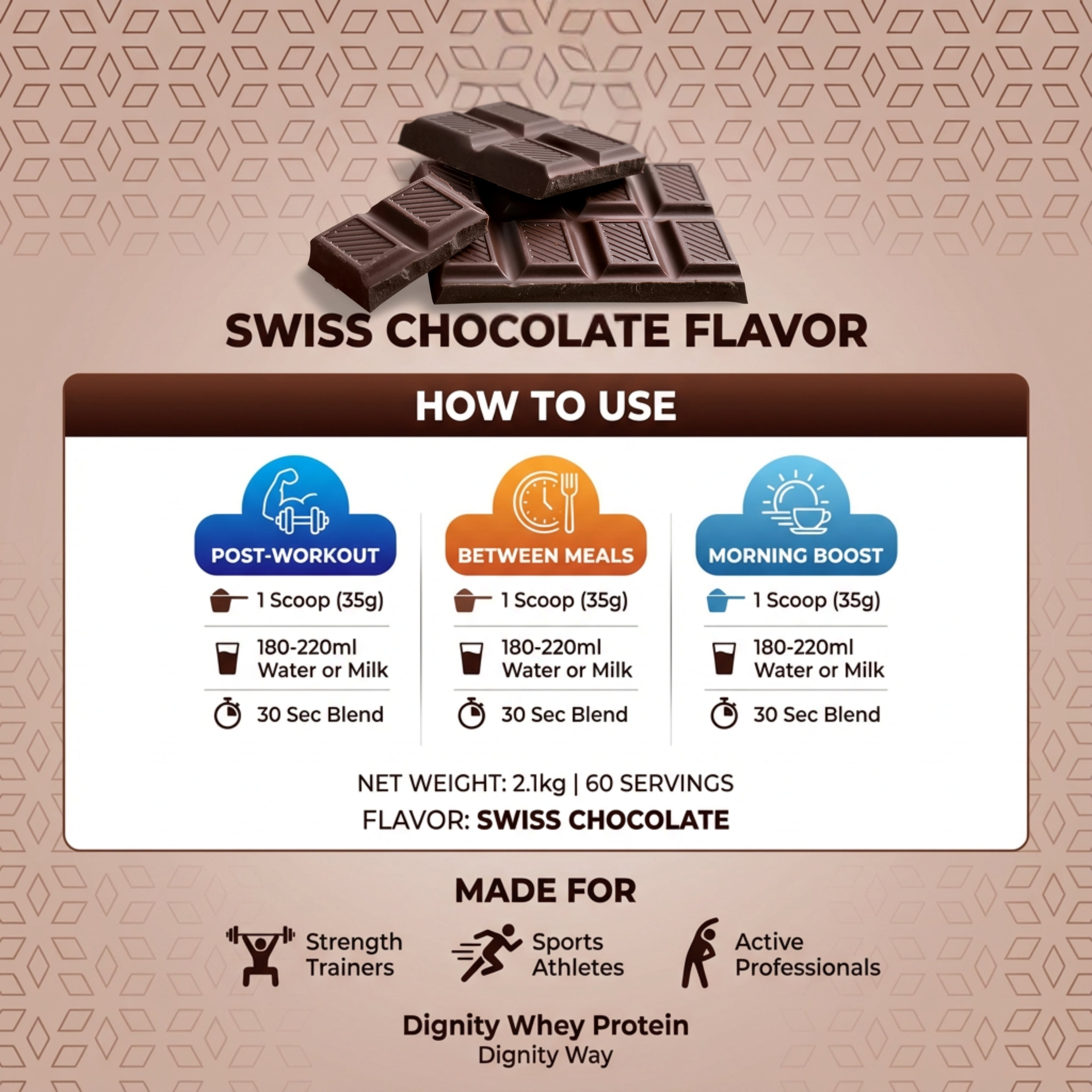 Dignity Whey Protein packaging with Swiss Chocolate flavor instructions on a patterned background
