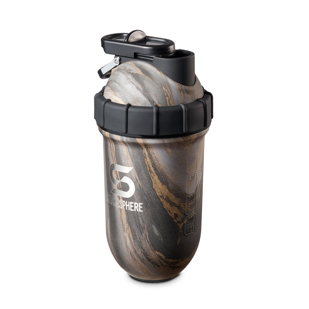 ShakeSphere Tumbler, Steel, Jupiter with black-gold marble finish and patented capsule shape for clump-free blending. Premium stainless steel shaker. | Dignity Health