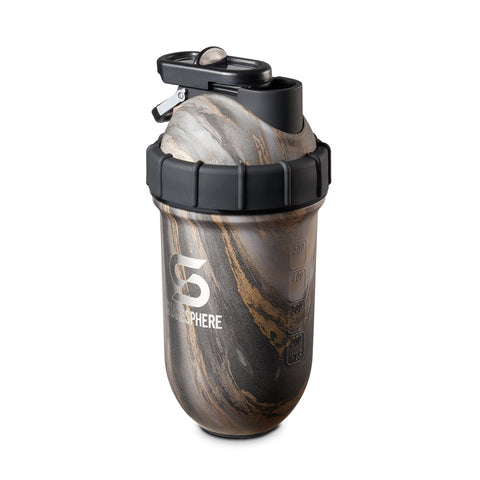 ShakeSphere Tumbler, Steel, Jupiter with black-gold marble finish and patented capsule shape for clump-free blending. Premium stainless steel shaker. | Dignity Health
