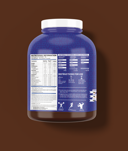 Back label of Dignity Whey Protein Swiss Chocolate 2.1kg jar showing nutritional facts, amino acid profile, and usage instructions for fitness support.