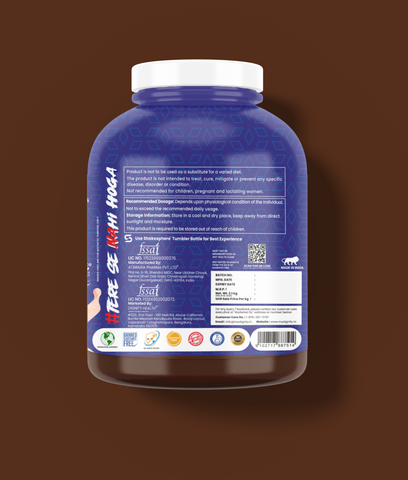 Rear side of Dignity Whey Protein Swiss Chocolate 2.1kg jar displaying product certifications, warnings, and manufacturer details for health-conscious users.