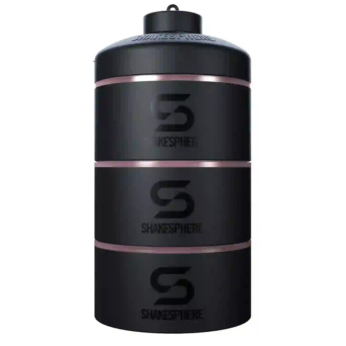ShakeSphere Stackable Storage Rose Gold with three black compartments and rose gold accents, ideal for compact and efficient organization.